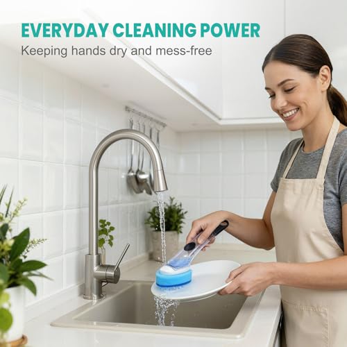 Dish Wand with Handle,Non-Scratch Dishwand Refills Replacement Sponge Heads | Leak-Proof Soap Control Dispenser Scrub Sponges, Advanced Scrubber Brush Pads for Kitchen Cleaning Dishes Sink Washing Tool