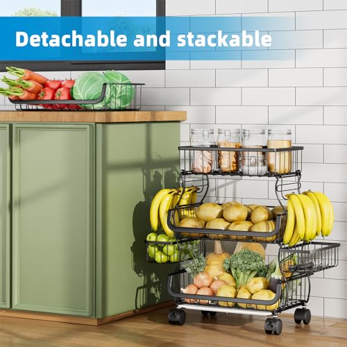 Simple Trending Stackable Cart, Fruit Vegetable Basket with Wheels, 4 Tier | Rolling Cart with 2 Hanging Baskets, Kitchen Storage Metal Wire Basket Stand for Vegetable Snacks, Black