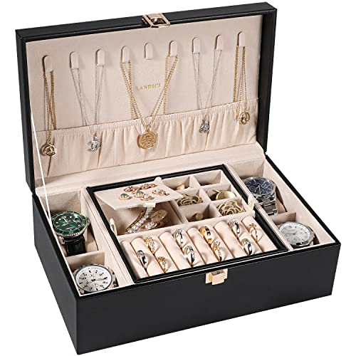 Jewelry Box Organizer for Men Women, 2 Layer 4 Slo... (Black | Leather)