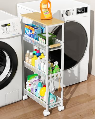 Utility Slim Storage Cart, 4 Tier Rolling Cart wit... (White | Alloy Steel)