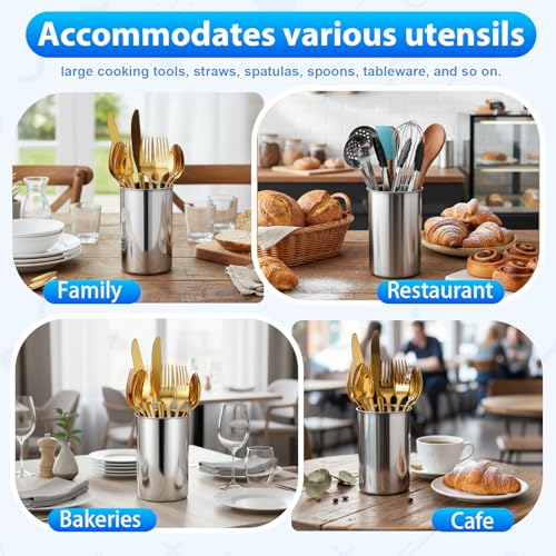 3 Pcs Stainless Steel Utensil Holders for Kitchen Counter, 5.5" x 7.3" Silver Cylinder Countertop Utensil Organizer Heavy Base and Dishwasher Safe for Home Cafe Restaurant Cooking Utensils