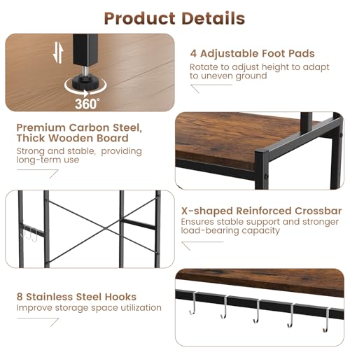 Housolution 2-Tier Mini Fridge Stand with Storage, Black+Brown | Adjustable Height Shelves, 8 Hooks, Easy Assembly, Heavy-Duty Microwave Stand for Office Dorm & Apartment