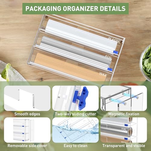 Kitchen Wrap Organizer, Foil and Plastic Wrap Organizer 3 in 1 with Sliding Cutter, Acrylic Wrap Dispenser for Drawer or Wall Mount, Fits 12 Inch Rolls