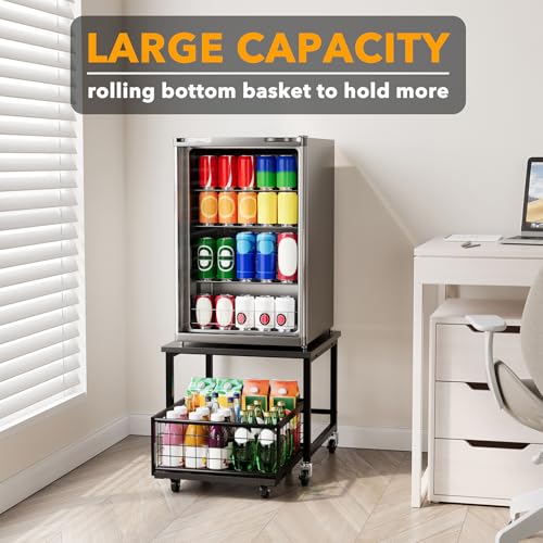 SpaceAid Mini Fridge Stand with Storage, 19.7" W x 19.7" D Heavy Duty Mobile Refrigerator Shelf Stand Table with Wheels, Fridge Cart Organizer with Drawer Basket for Home Dorm Office (Black)