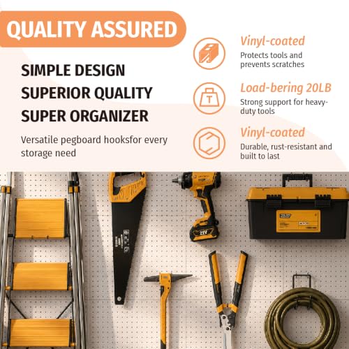 HUHOLE 10 Pack Pegboard Drill Holder Utility Hooks for 1/4 Inch Pegboard | Tool Holders with 20 lb Capacity for Power Tools, Hammers, Cords, Hoses, Shovels, Brooms and Garage Storage