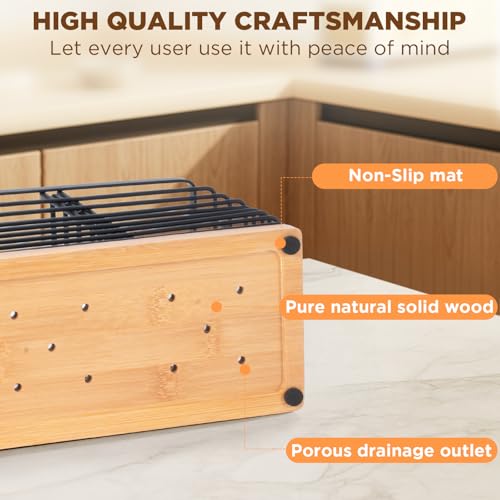 Nigelia 4 Compartments Extra Large Kitchen Utensil Holder with Wooden Base, Metal Organizer for Kitchen Countertop, Matte Black Cooking Utensils Holder with 4 Hooks for Tools Storage