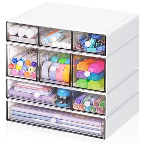 Desk Storage Organizer with 9 Drawers, 4 Tiers Sta... (White | Plastic)