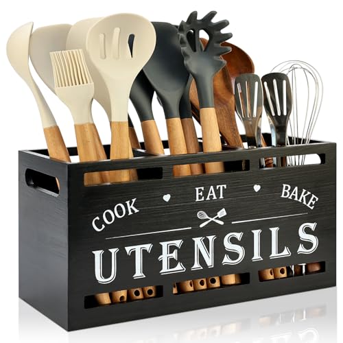 Large Black Wood Utensil Holder for Kitchen Decor... (Wood)