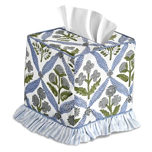 Light Steel Blue Block Print Ruffle Tissue Box Cover Handmade Cotton Decorative Square Napkin Holder for Home Bedroom Living Room Bathroom Vanity Countertop Car Office Kitchen