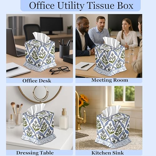 Light Steel Blue Block Print Ruffle Tissue Box Cover Handmade Cotton Decorative Square Napkin Holder for Home Bedroom Living Room Bathroom Vanity Countertop Car Office Kitchen