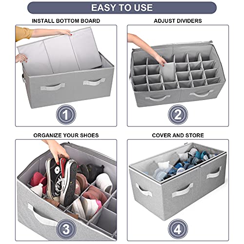 Shoe Organizer Closet Storage Solution with Clear Cover & Adjustable Dividers for Shoes, Handbags, Blankets, Linen, Clothing (Large - 24 Pairs, Grey)