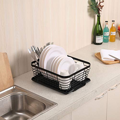 Kitchen Dish Drainer Rack with Drying Board and Full-Mesh Silverware Utensils Holder, Black