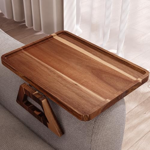 Acacia Wood Couch Arm Tray,Folding Sofa Armrest Table | Clip-On Couch Desk,Foldable, Non-slip,No Assembly,for Drinks Snacks Phone,Remote Control