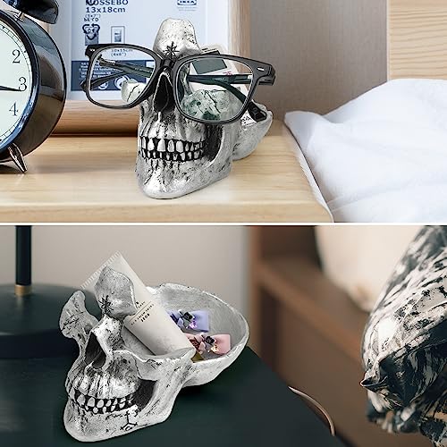 Mrlikale Skull Glasses Stand Holder, Creative Eyeglasses Holder (Silver) | Sunglasses Spectacle Display Rack, Key Holder Resin Sculptures for Entryway, Home, Office, Desk, Nightstand