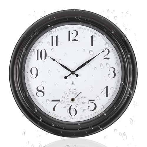 Atomic Outdoor Wall Clock Sealed Waterproof Clock with Temperature | Auto-Set Time, Easy to Read - Large Patio, Pool 18 Inch Clock for Outside, Backyard, Garde