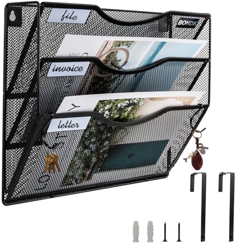BOHDK Wall File Organizer, 3 Tire Hanging File Folder Mail Organizer, Vertical Mesh Metal Door/Wall Mount Hanging File Holder, Paper Document Magazine Rack with Hooks for Home Office Black