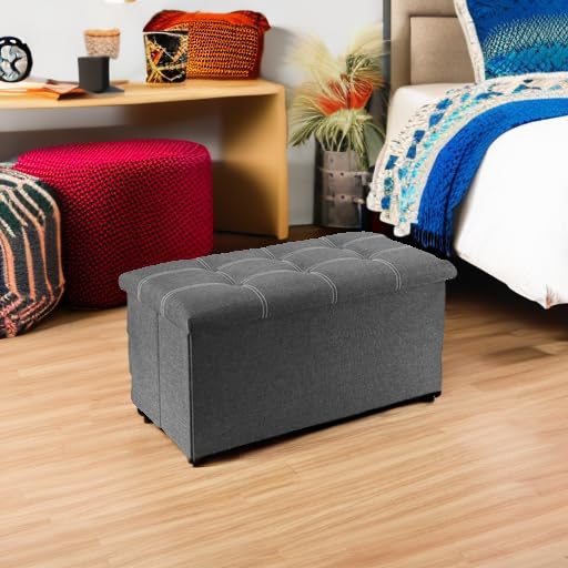 YOUDENOVA 30" Linen Ottoman with Storage, Folding Bench, Gray | Foldable linen ottoman with hidden storage, padded seat and sturdy frame for living room or bedroom.
