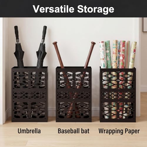 Rectangle Metal Umbrella Stand with 2 Hooks, Entryway Umbrella Holder & Walking Cane Storage, Umbrella Organizer Freestanding for Home, Office, Hotel, Black