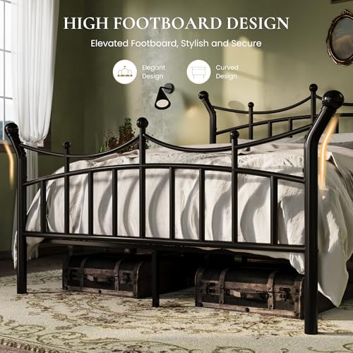 SHA CERLIN 14 Inch Queen Size Metal Bed Frame, Victorian Crown Style Platform Bed Frame with Headboard and Footboard, 12.6" Under-Bed Storage, No Box Spring Needed, Noise Free, Easy Assembly, Black