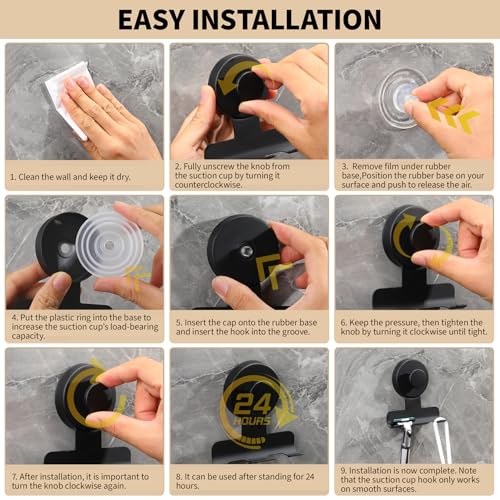 Suction Cup Razor and Shaver Holder for Shower Wall, Stainless Steel Reusable Suction Hook for Towel and Loofah, Damage-Free Installation (2, Matte Black)