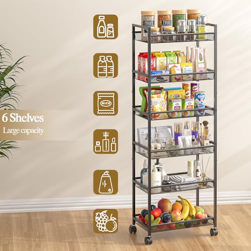 6 Tier Slim Rolling Storage Cart, Narrow Mobile Shelving Unit Organizer Utility Cart with Wheels, Metal Wire Storage Rack with Baskets for Kitchen, Bathroom, Laundry & Living Room, 10in(W) Black