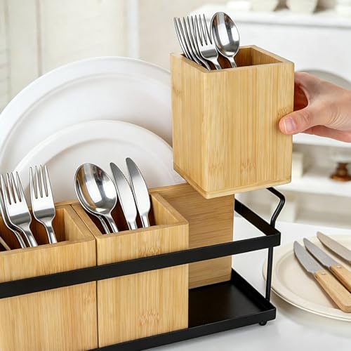 4-in-1 Detachable Silverware Caddy with Removable Dividers and Iron Base | Plate and Flatware Storage, Flexible Storage Layout, Portable Side Handles, Solid-Bottom Design, Easy Assembly and Cleaning
