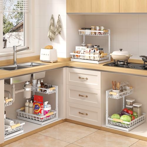 2-Pack 2-Tier Height Adjustable Under Sink Organiz... (White | Iron)