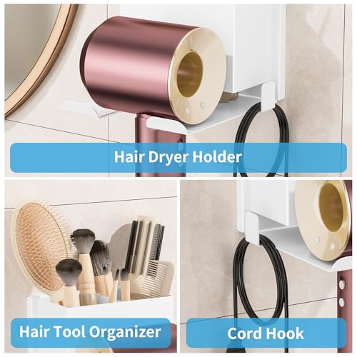 Hair Dryer Holder, White Blow Dryer Holder, 2 Installation Options | Hair Dryer Wall Mount for Bathroom, Space Saving Hair Dryer Storage with Hook, Adhesive and Screw Mounting