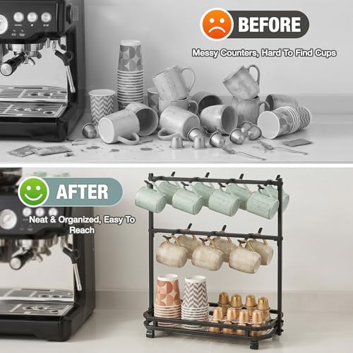 Coffee Mug Holder for Countertop, 14 Hooks Metal Coffee Cup Holder Rack | Mug Tree Stand with Storage Base for K Cup Coffee Pod Paper Cups Tea Bag, 2 Tier, Black
