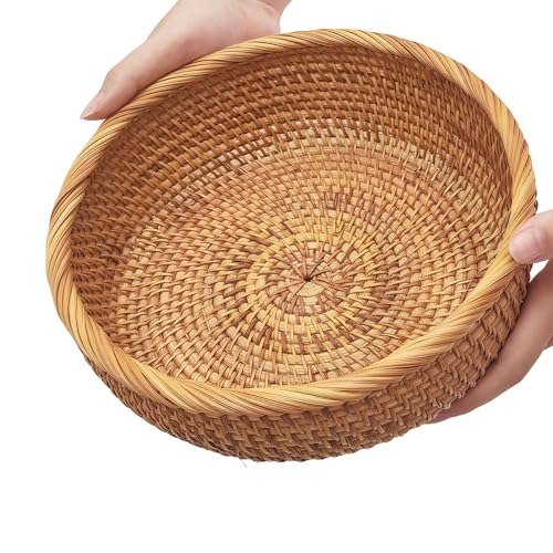 9.2" Medium Rattan Wicker Bread Basket, Fruit Basket for Kitchen Counter | Sturdy Well-Made Handwoven Bread Baskets for Serving, Natural Food Baskets, Versatile for Fruits, Snacks, Keys & More (Round)