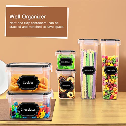 PRAKI Airtight Food Storage Containers Set, 16 Pcs BPA Free Plastic Dry Food Canisters for Kitchen Pantry Organization and Storage Ideal for Cereal, Flour & Sugar - Labels, Marker(Black)