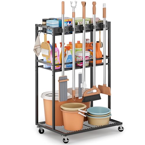 Broom Holder with Cleaning Supplies Organizer, Bro... (Silver | Metal)