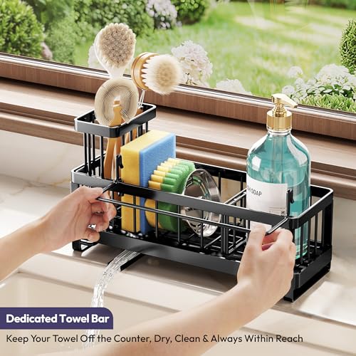 Sponge Holder for Kitchen Sink - Sink Caddy with Brush Holder Self-draining Sponge Caddy Organizer with Divider Stainless Steel Kitchen Accessories Storage for Countertop, Black