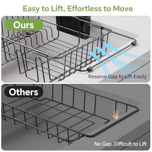 Simple Trending Expandable Dish Drying Rack in Sink, Black | Adjustable Dish Rack with Utensil & Cup Holder for Kitchen Counter, Dish Drainer Inside Sink, Over the Sink, Non-Slip Feet