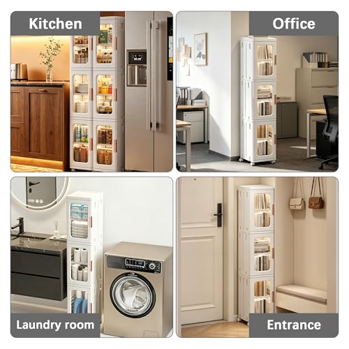 Tall Narrow Storage Cabinet with Movable Wheels, Adjustable Shelves & Magnetic Doors – Foldable Slim Plastic Organizer for Bathroom, Kitchen, Laundry, Ideal for Small Spaces(4-Tier,White)