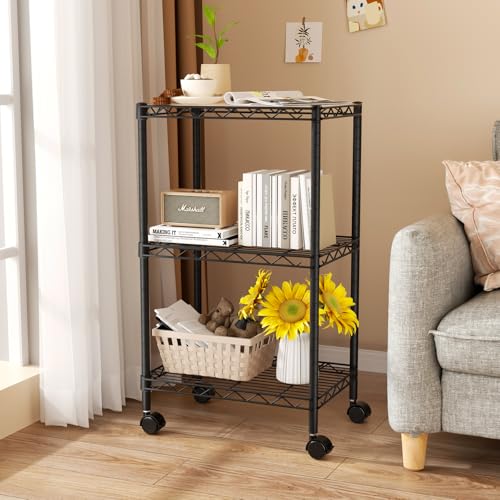 Small Shelves Storage Wire Metal Adjustable Shelf Unit with Wheels | 3 tier Shelving Organizers Storage Shelving for Bathroom Laundry Room Kitchen Pantry 11.7”D x 17.7”W x 30.7”H Black