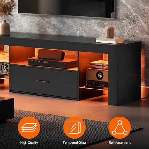 HOOBRO LED TV Stand with Power Outlets to 65 inch TV, Gaming Entertainment Center with Glass Shelves and Large Drawer, Modern Media TV Console Table for Living Room Bedroom, Black BB14UDDS01G1
