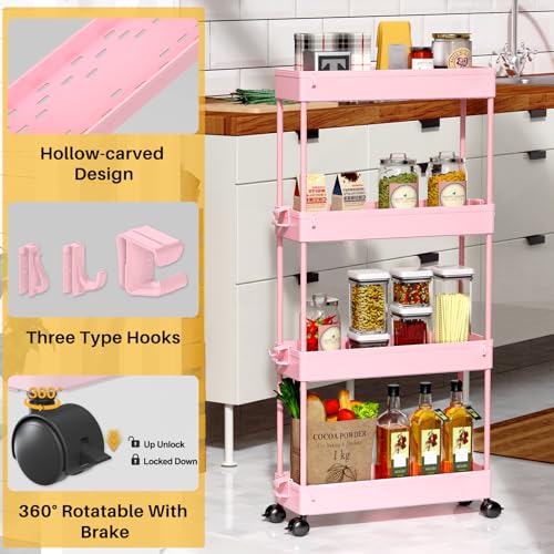 SPACEKEEPER Slim Rolling Storage Cart, 4 Tier Bathroom Cart Organizer, Pink | Narrow Rolling Cart with Wheels for Kitchen Office Bathroom Laundry Room,Mobile Utility Cart for Craft Art Makeup Nail Polish