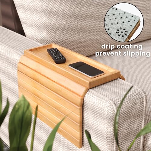 2 Pack Bamboo Folding Sofa Arm Tray with Anti-Slip Pad (Natural) | Couch Armrest Tray,Foldable Build, Space-Saving Storage, No Assembly, easy to clean, universal arm fit,Gift box