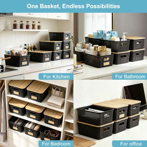 Small Plastic Storage Bins with Bamboo Lids 5.2qt Stackable Box Basket Pantry Decorative Containers Cute with Lable for Organizing Desktop Closet Office Black of 6 packs 10 * 7.2 * 4.1"