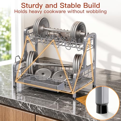 2 Tier Large Stainless Steel Dish Drying Rack for Kitchen Counter | Large Stainless Steel Dish Drain, Space Saving, Big Modern Silver Countertop Metal Plates Dryer Strainer and Extra Tray