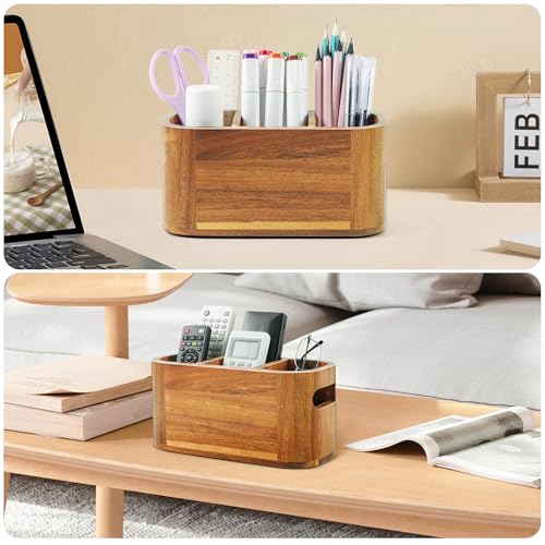 Acacia Pencil Pen Holder for Desk, Wooden Office Organizer with 3 Slots for Countertop, Makeup Brush Holder Remote Control Organizer for School Home Supplies