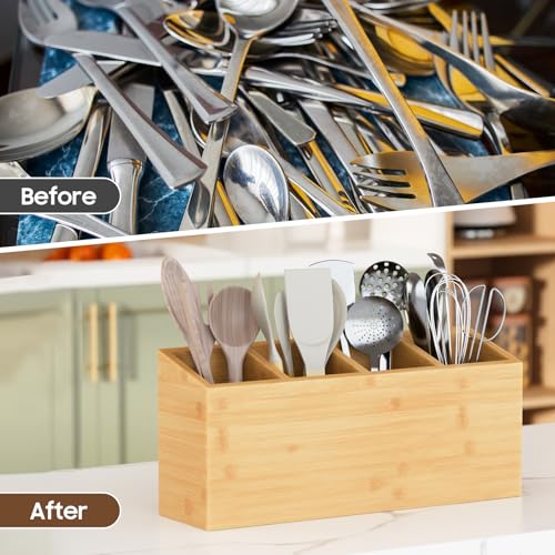 Wingsife Utensils Holder with 4 Compartments, Bamb... (Classic | Bamboo)