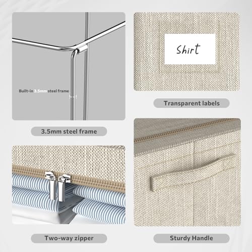 CYhom Clothes Storage Bins Box - Linen Fabric Foldable Stackable Container Organizer Set with Clear Window & Carry Handles & Metal Frame - 2Pack Large Capacity for Bedding, Blankets, Books