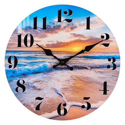 Beach Wall Clock Indoor Outdoor Sunset Waterproof Wall Clock Decor for Patio Pool Garden (12Inch,Coastal Theme)