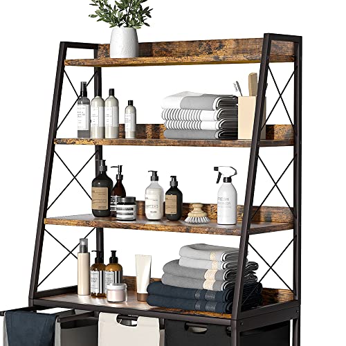 Laundry Basket, 3 Section Laundry Hamper with 4 Tiers Shelf, Pull-Out and Removable Laundry Bags, Large 3 x 15.87 Gallons, for Laundry Room Bathroom Rustic Brown PF05XLN