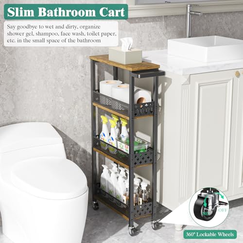 4-Tier Slim Rolling Storage Cart for Kitchen Bathroom Organizer, Mobile Narrow Storage Cabinet Utility Cart with Wood Rack on Wheels for Pantry Laundry Small Space