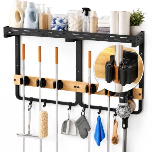 Broom Holder Wall Mount With Built-In Guardrail Shelf, Cleaning Supplies Organizer With 5 Mop Grippers, 6 Hooks And Vacuum Holder For Laundry Room Garage Pantry Kitchen
