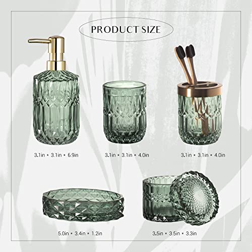 6PCS Bathroom Clear Glass Accessories Set (Lotion Soap Dispenser, Soap Dish, Toothbrush Holder, Tumbler, Cotton Swab Jar), Contemporary Modern Decor Crystal Vintage Gift (6pcs Green)