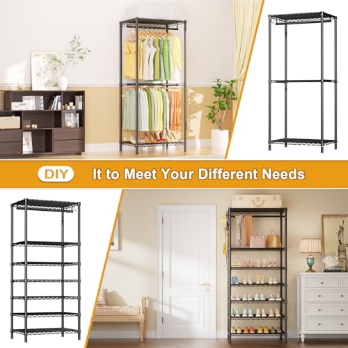 E13C Heavy Duty Closet Organizer System,Freestanding Clothing Racks for Hanging Clothes,Adjustable Garment Rack 63" W x 16" D x 77" H Hold 960 lbs,Black Clothing Rack with Black Dustproof Cover